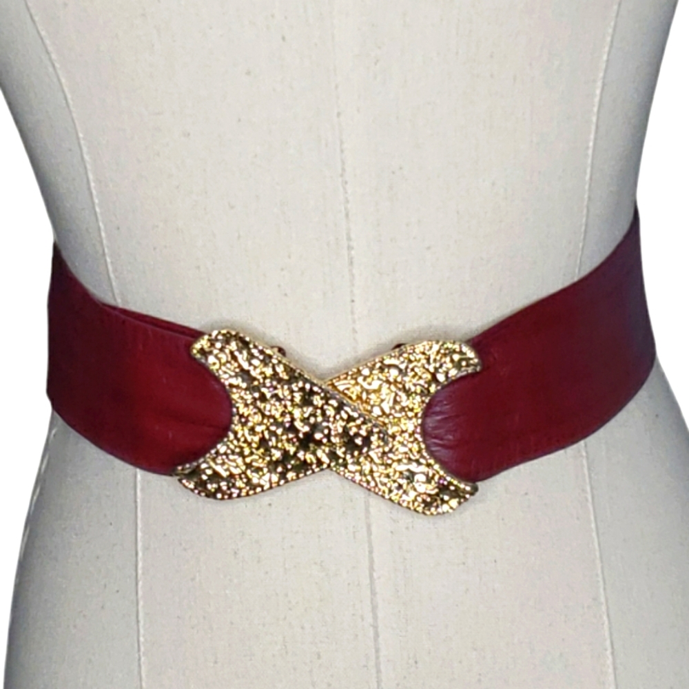 Vintage Belt Textured Gold Crescent Shape Handmade Leather Adjustable 80s S Wine